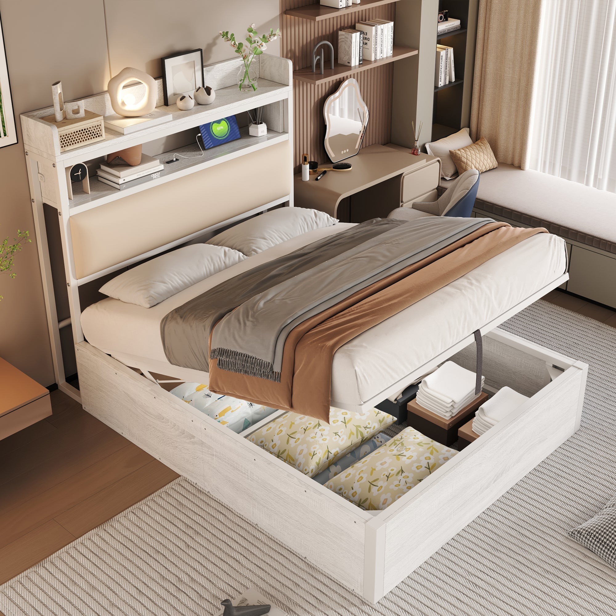 Bed Frame 90 x 200, Hydraulic Lift, USB, Upholstered Headboard, White