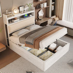 Bed Frame 90 x 200, Hydraulic Lift, USB, Upholstered Headboard, White