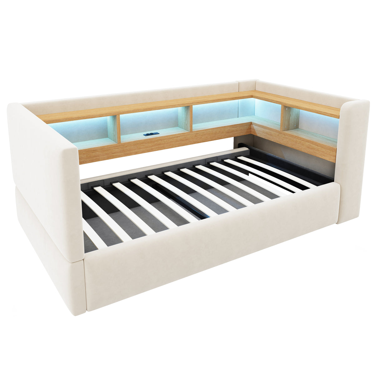 Upholstered Sleeper Sofa 90x190cm with Storage & LED, Beige