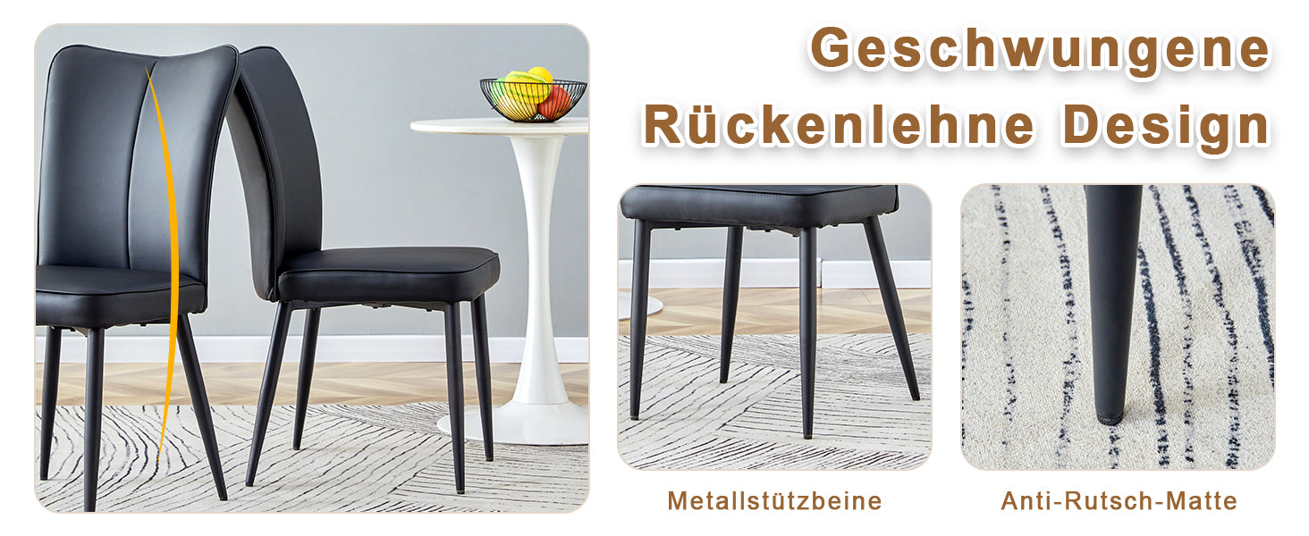 Dining Chair Modern Minimalist PU Leather Back Metal Legs - Black