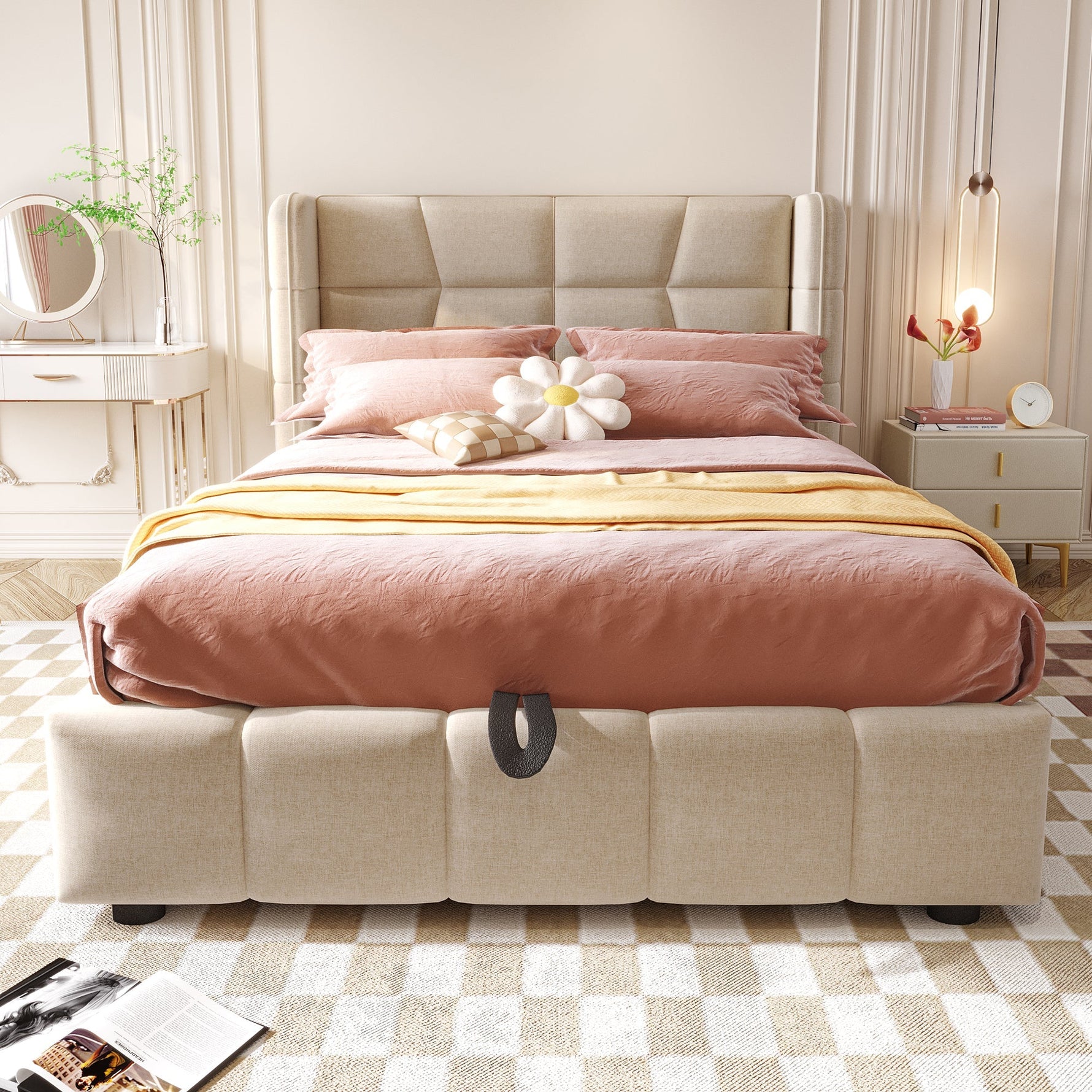 Upholstered Bed with Pneumatic Storage System and Headboard, 90 x 200 cm, Beige Linen