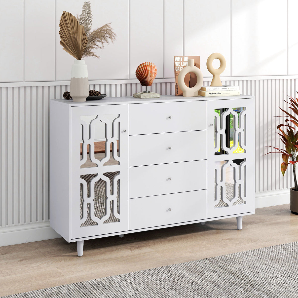 Mirrored Sideboard Crystal Handles 147.5x40x102cm, White