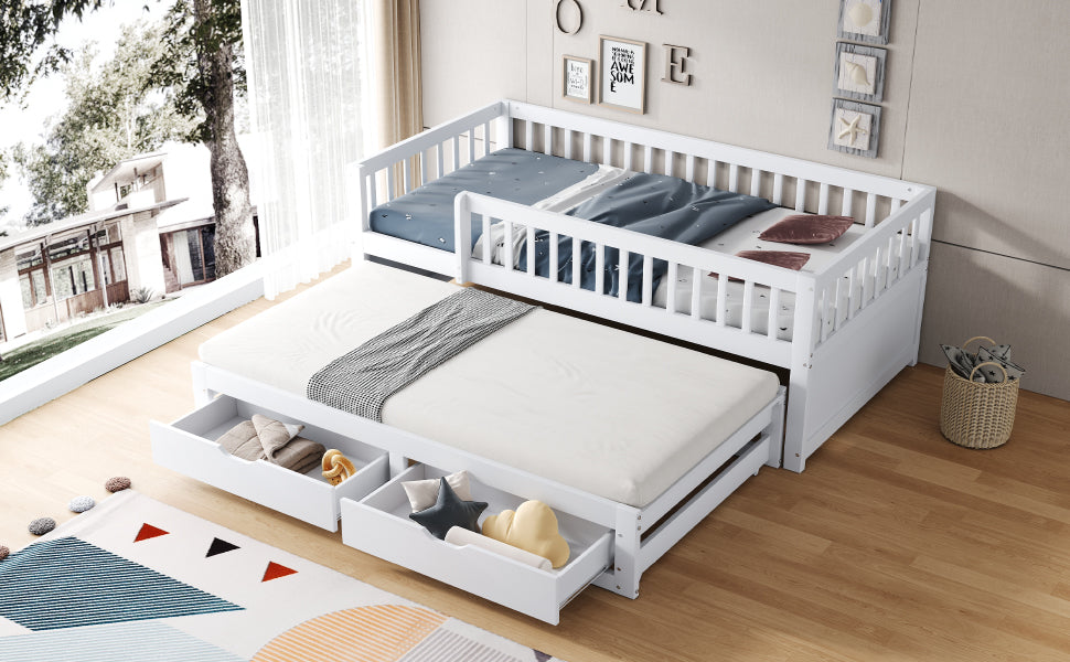 Solid Wood Sofa Bed 90x200cm with Pull-Out Bed & 2 Drawers, White