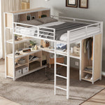 Iron Loft Bed, Double Storage, Wardrobe, White & Natural Iron
