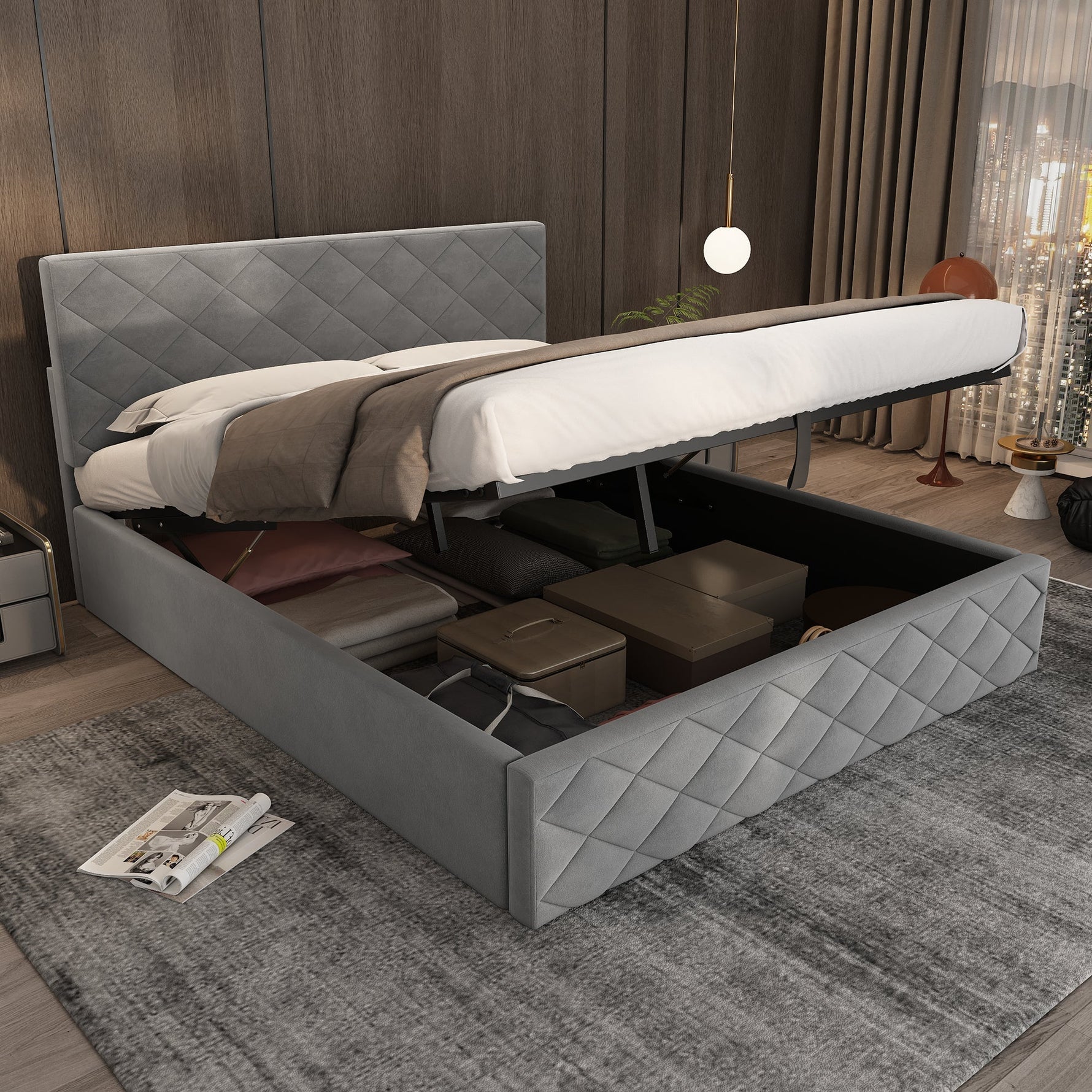 Upholstered Bed with Hydraulic Slatted Frame and Storage, 140x200cm, Grey