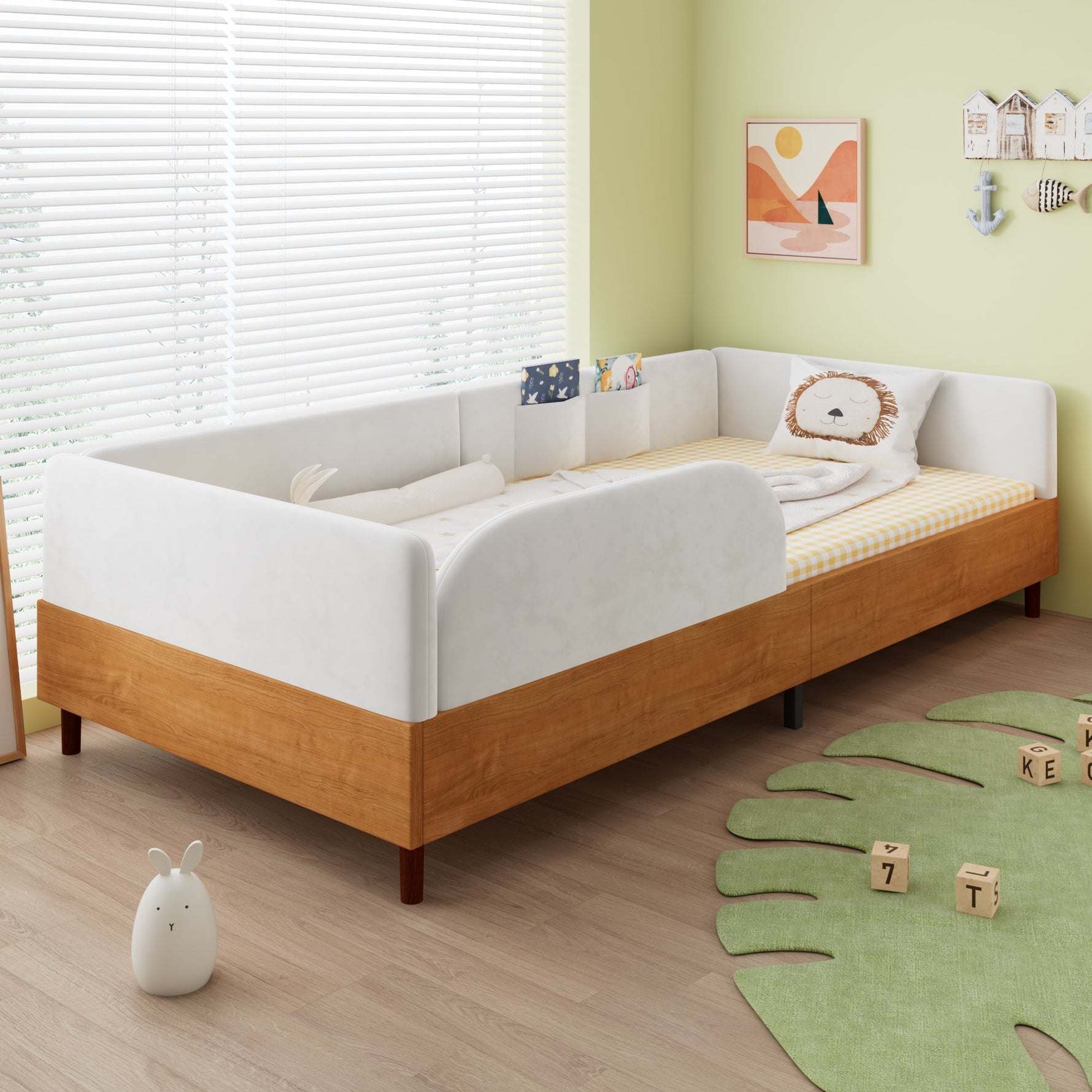 Upholstered Single Bed with 2 Storage Pockets and Anti-Collision Edge, 90x200cm, White Velvet and Wood