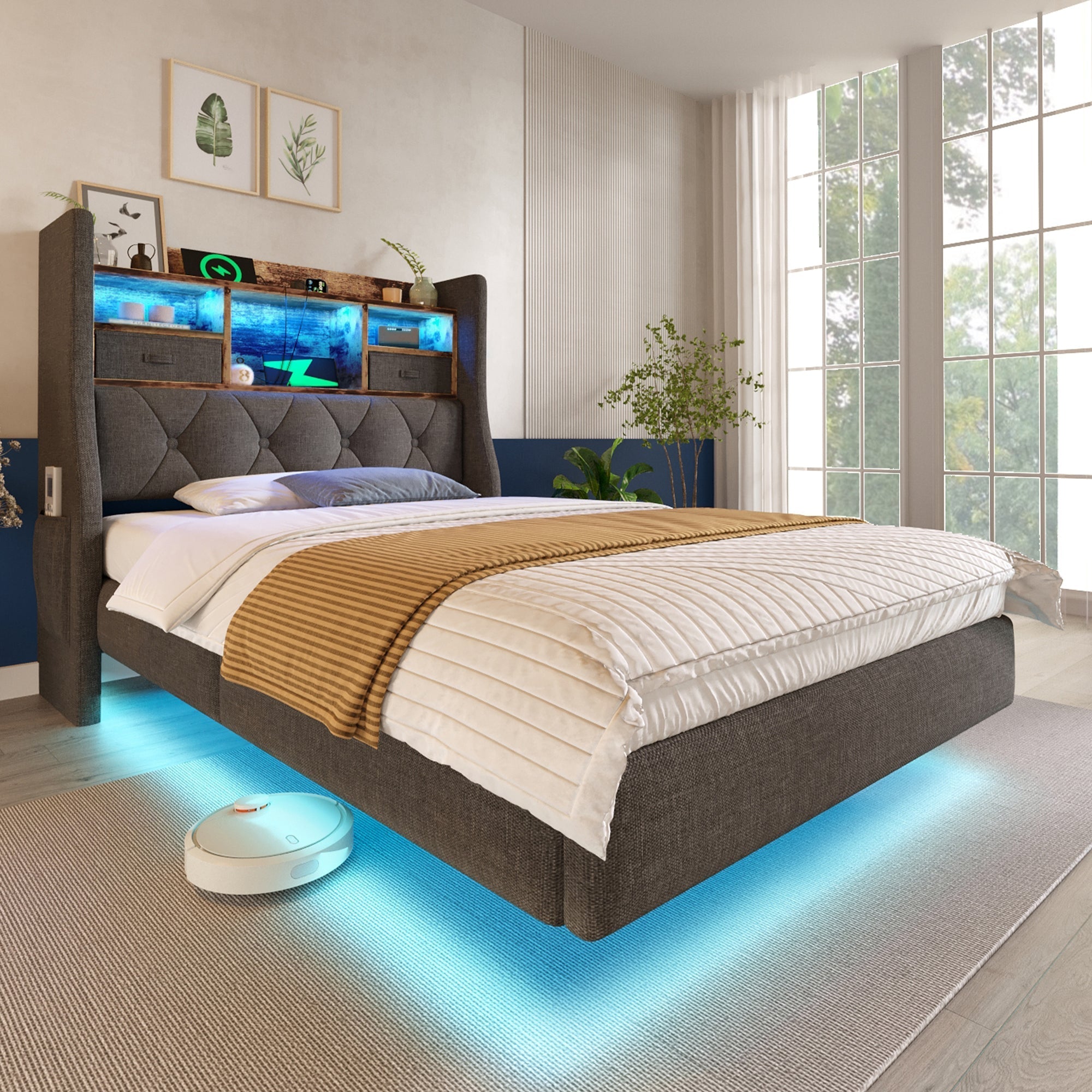 Upholstered Floating Bed 90x200cm LED/USB Charging Storage Headboard, Linen Grey