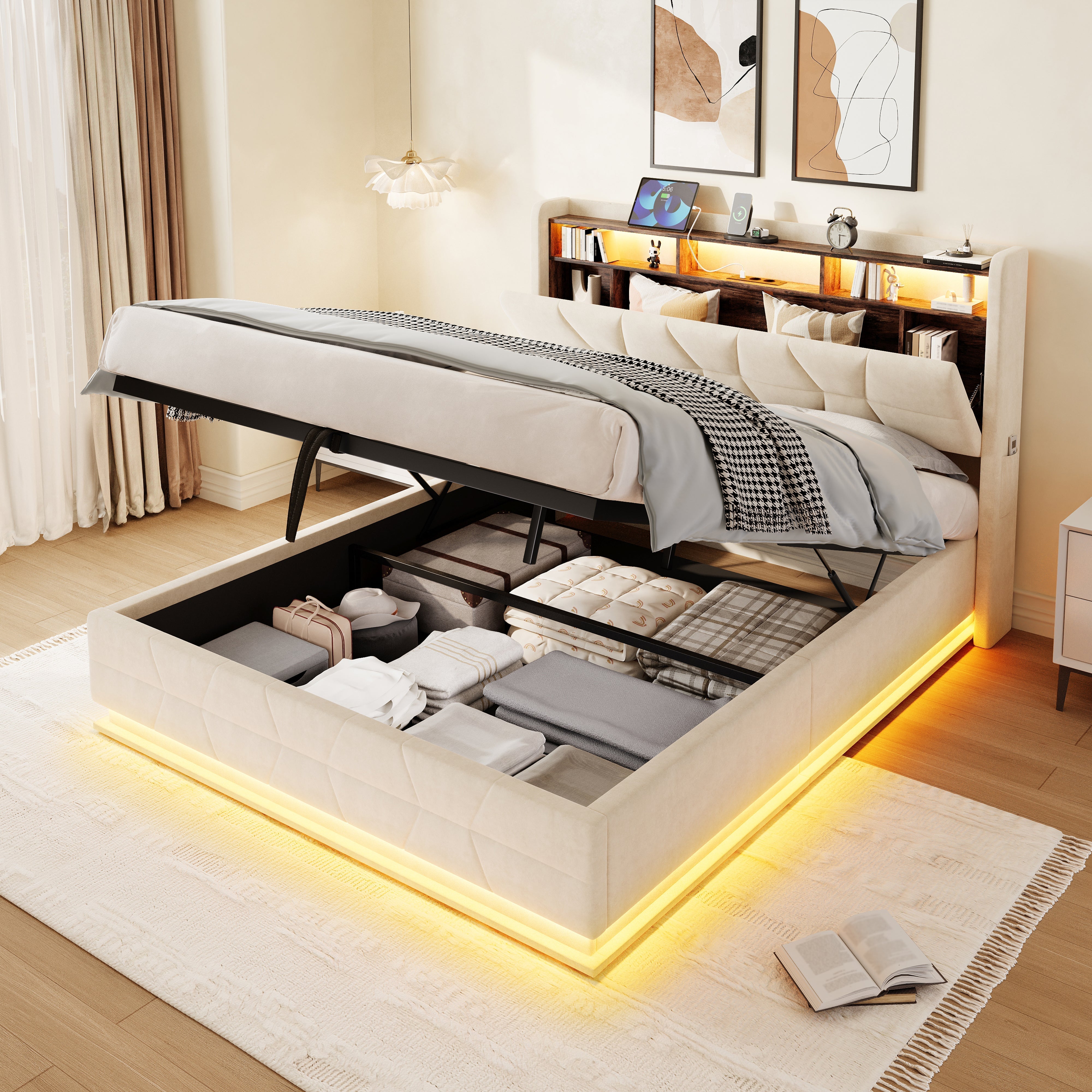 Multifunctional Bed with LED Lighting, Storage Headboard and USB Charging Station, 140x200cm, Beige