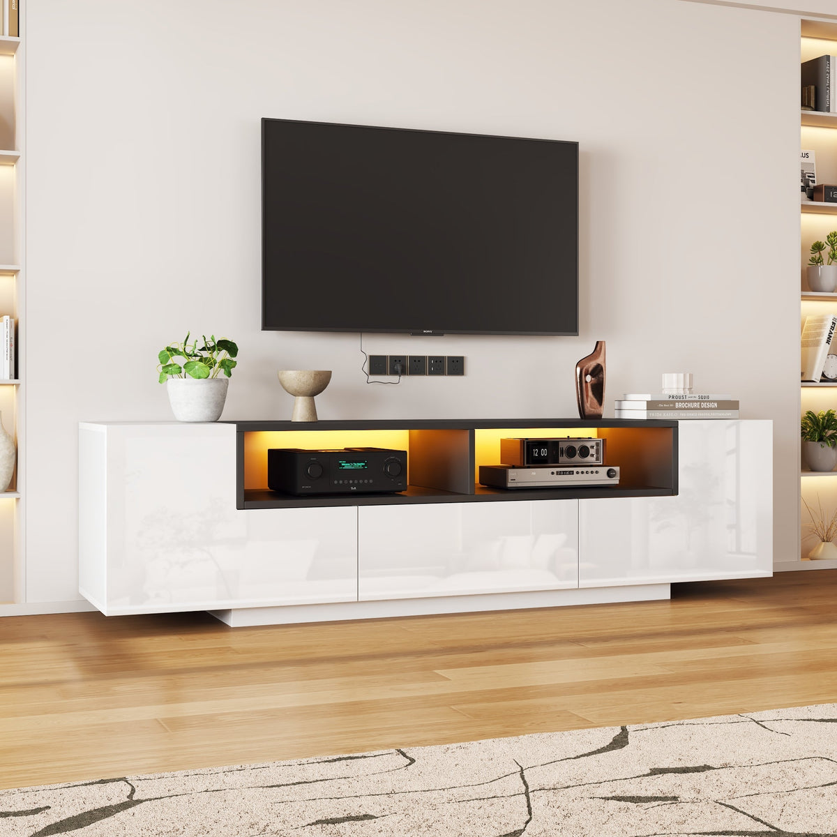TV Stand Lowboard L-Shaped LED Light Drawers for 75-Inch TV, High Gloss White/Black