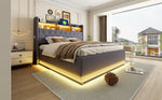 LED upholstered bed with USB and hydraulic storage, linen grey