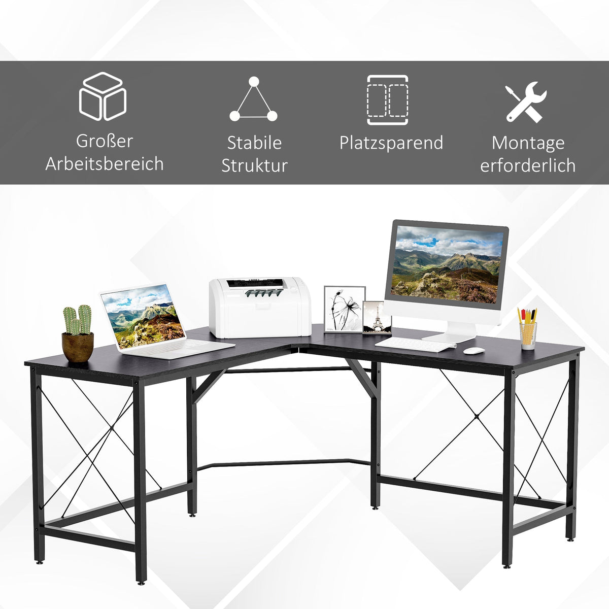 L-shaped Corner Computer Desk, 150x150x76cm Modern Office/Home Desk, Black MDF
