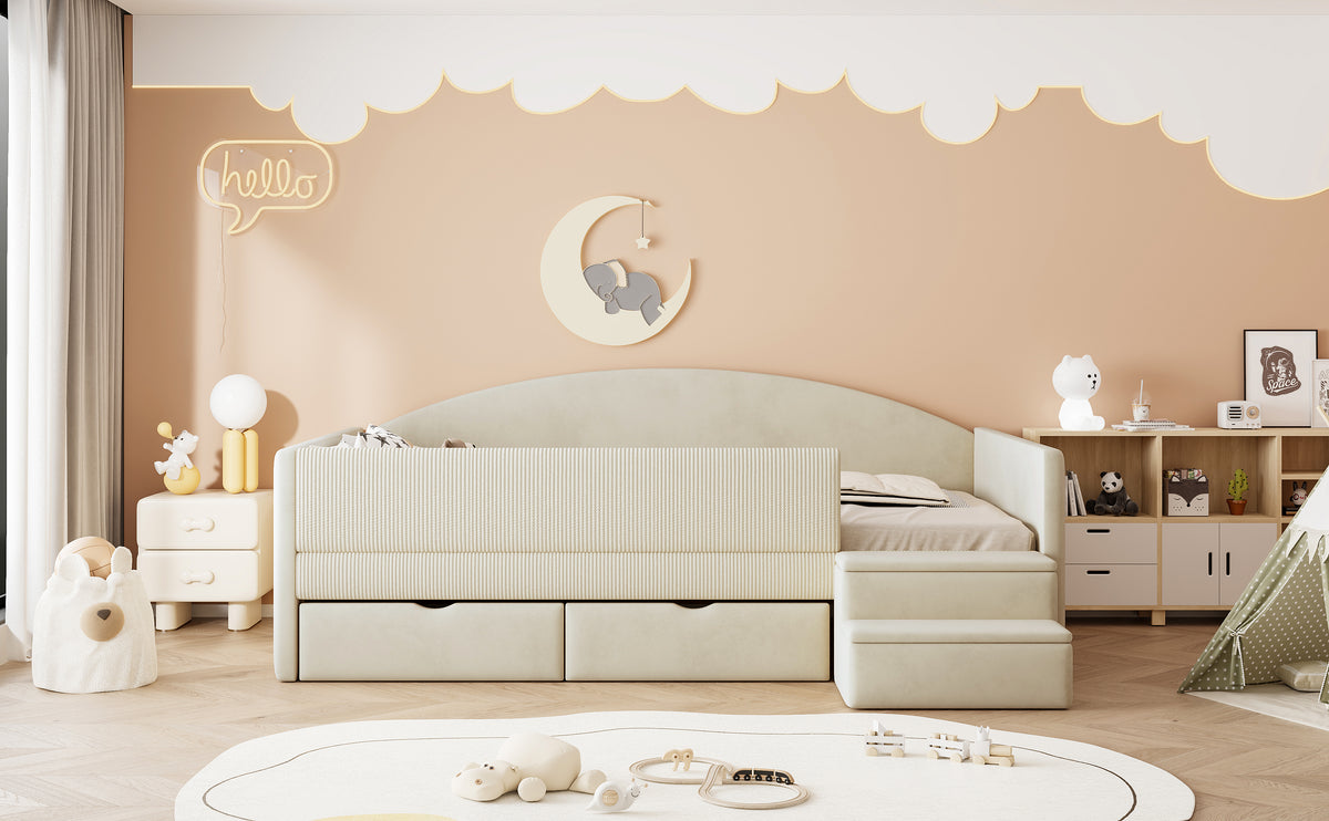Upholstered Sofa Bed 90x190cm with 2 Drawers, Beige Velvet