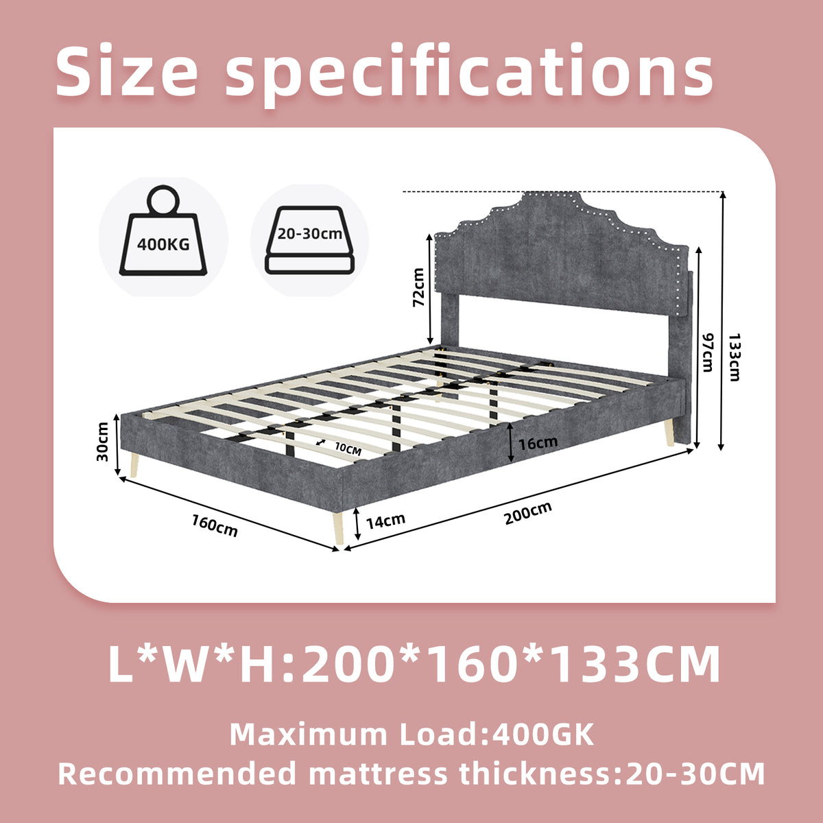 Modern Minimalist Soft Bed 160x200cm with Mattress, Gray