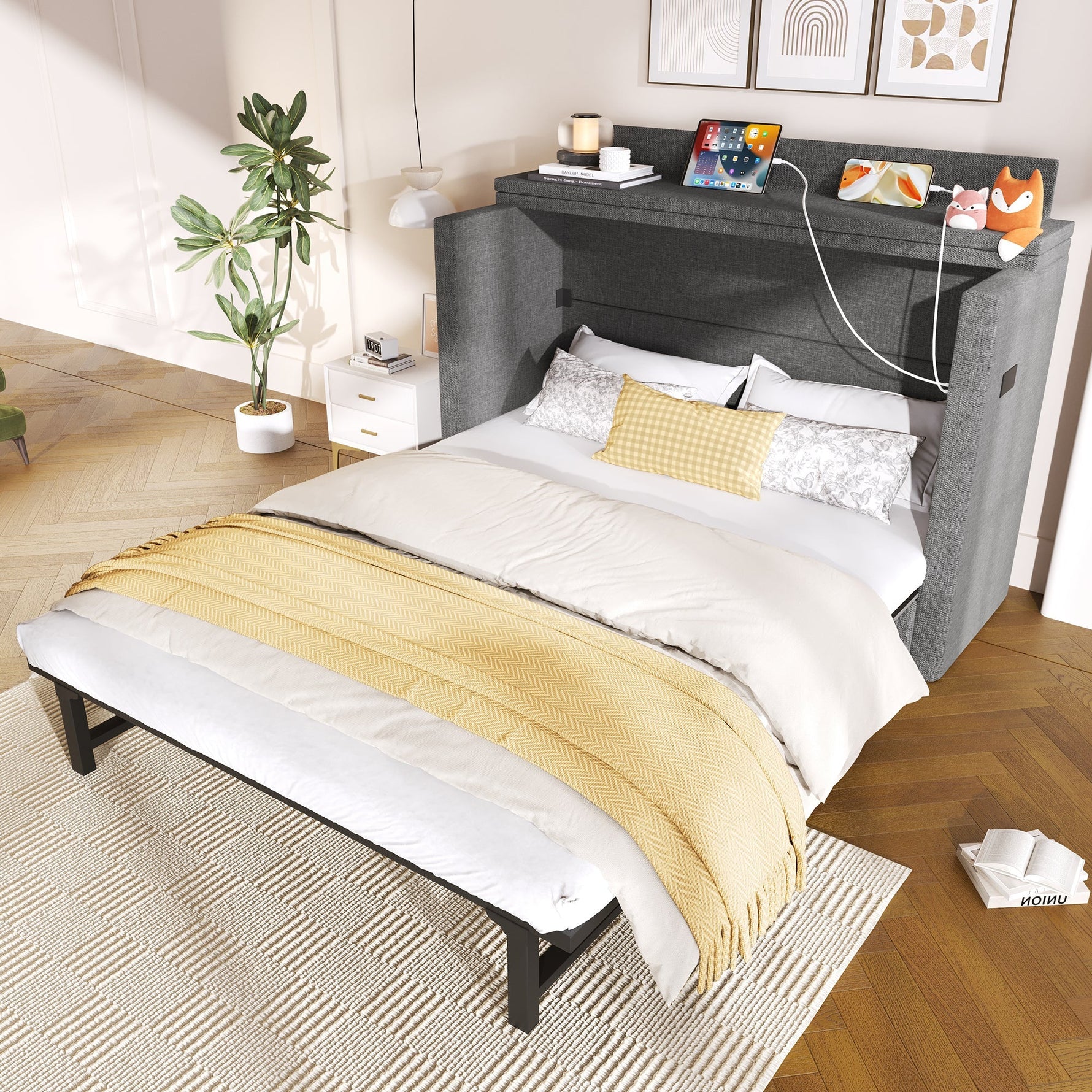 Mobile Murphy Bed with Storage and USB Ports, 140 x 200 cm, Grey Linen