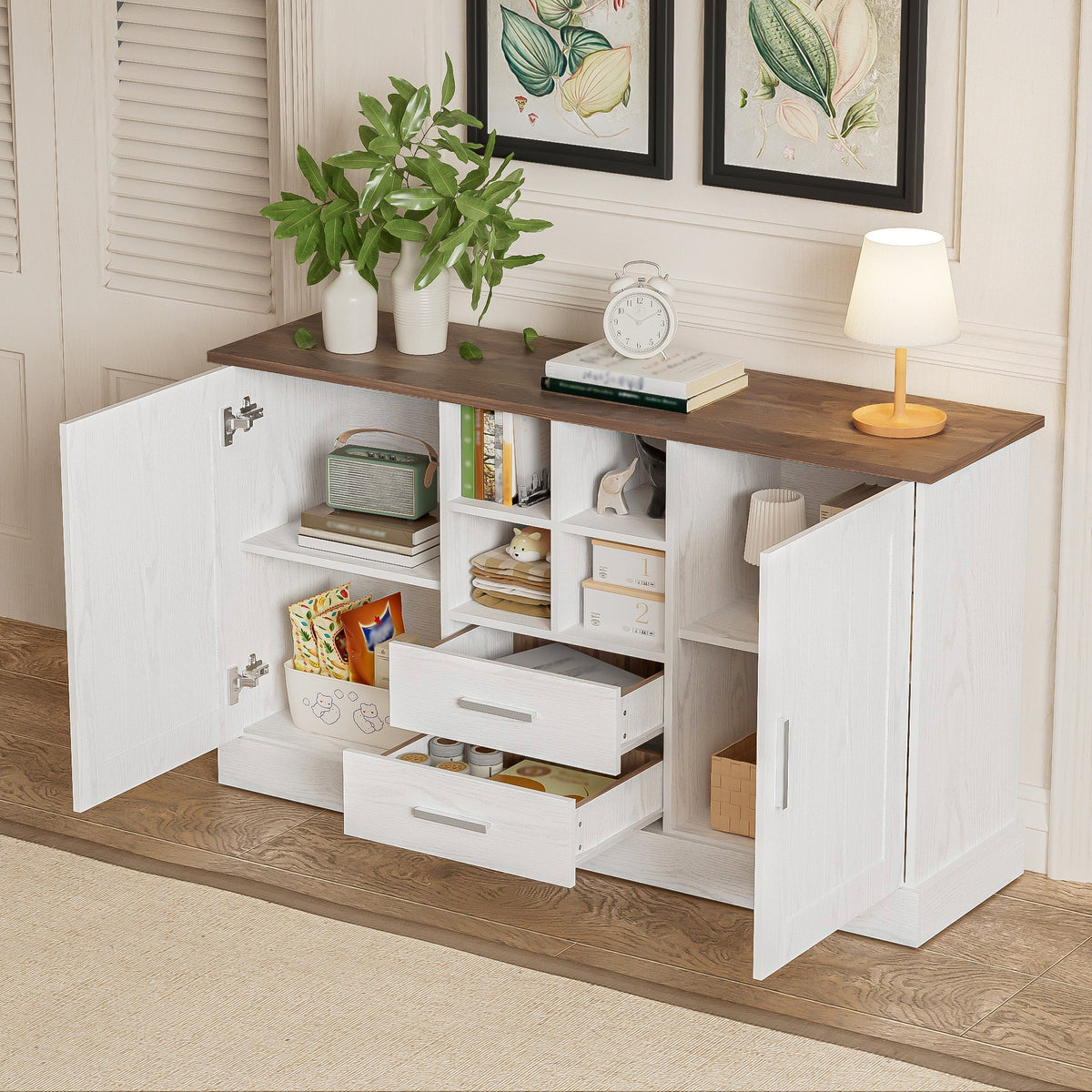 Sideboard 140x40x79.5cm, 2 Doors 2 Drawers, White and Brown Wood Grain