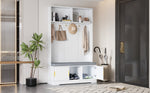 Coat rack with shoe bench, wardrobe, 6 triple hooks, freestanding, space-saving, white