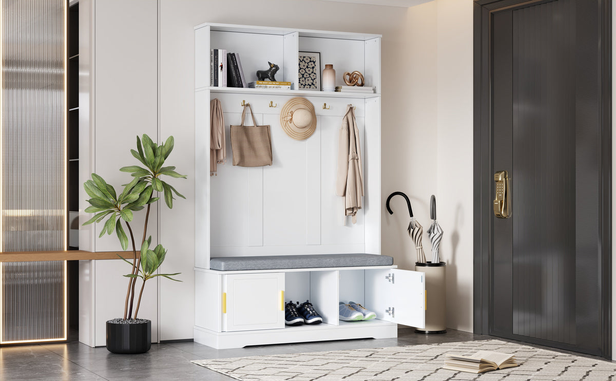 Coat rack with shoe bench, wardrobe, 6 triple hooks, freestanding, space-saving, white
