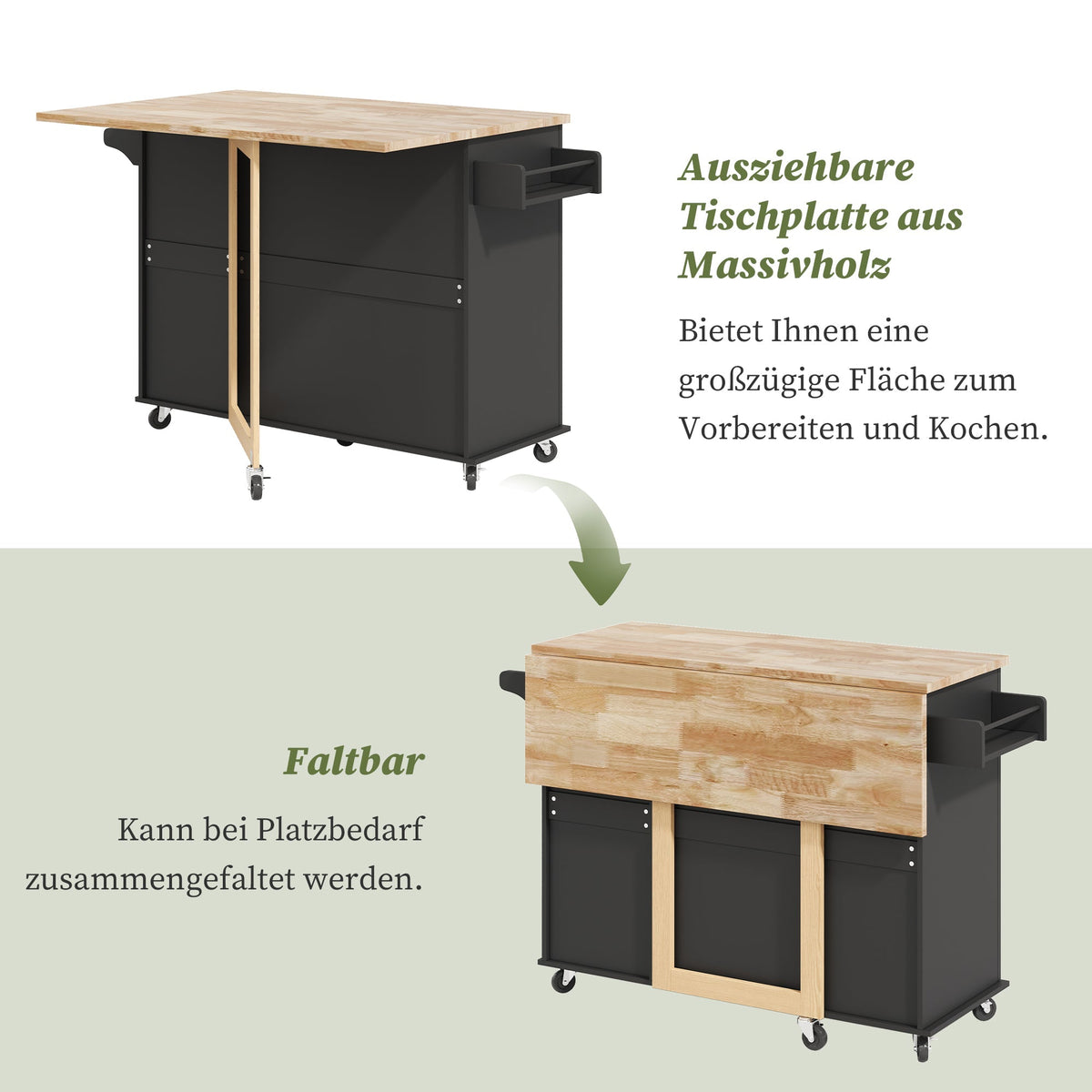 Mobile Kitchen Table with Foldable Worktop and 3 Drawers, Oak Look