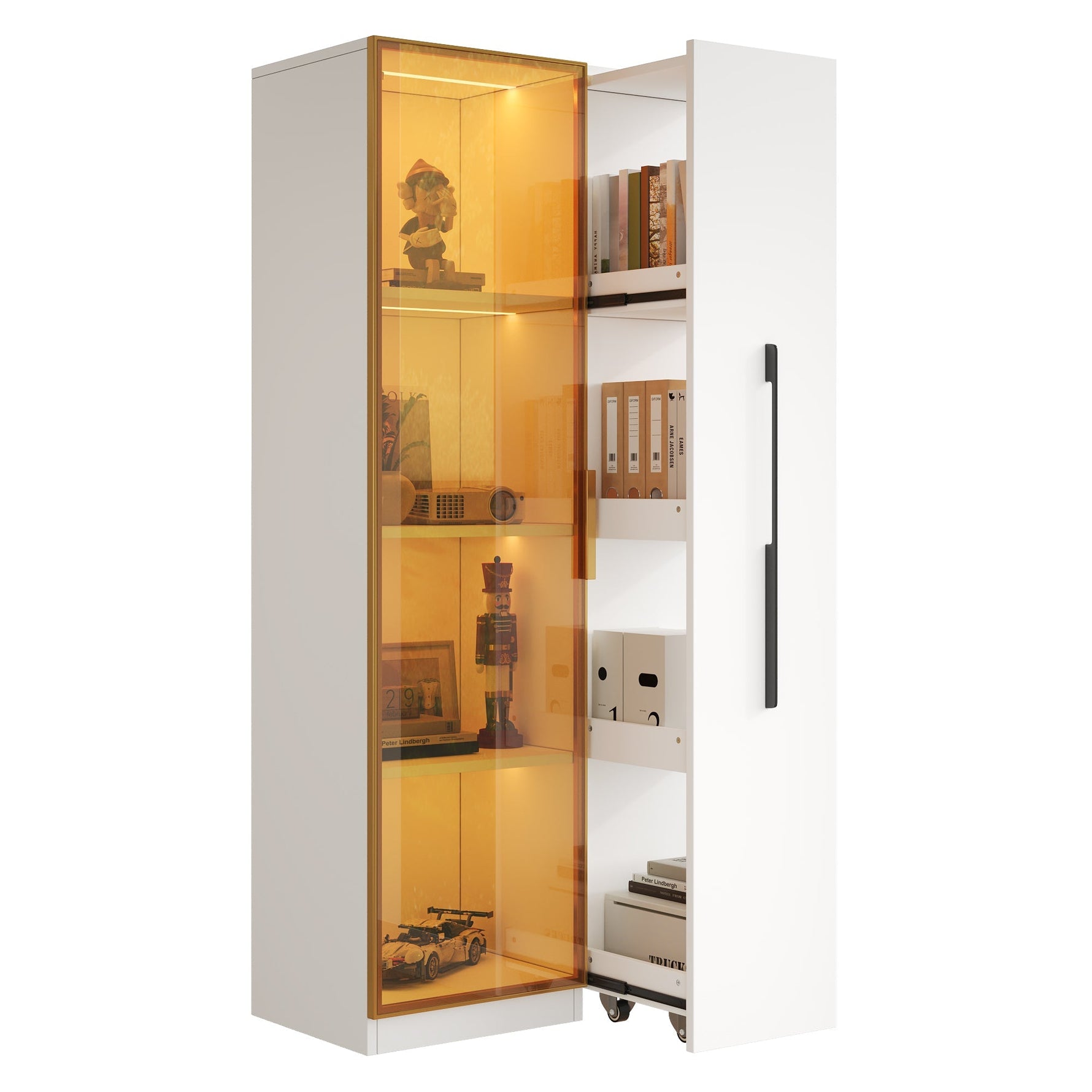 Display Cabinet with Glass Doors, Side Drawers and LED Lighting, White MDF