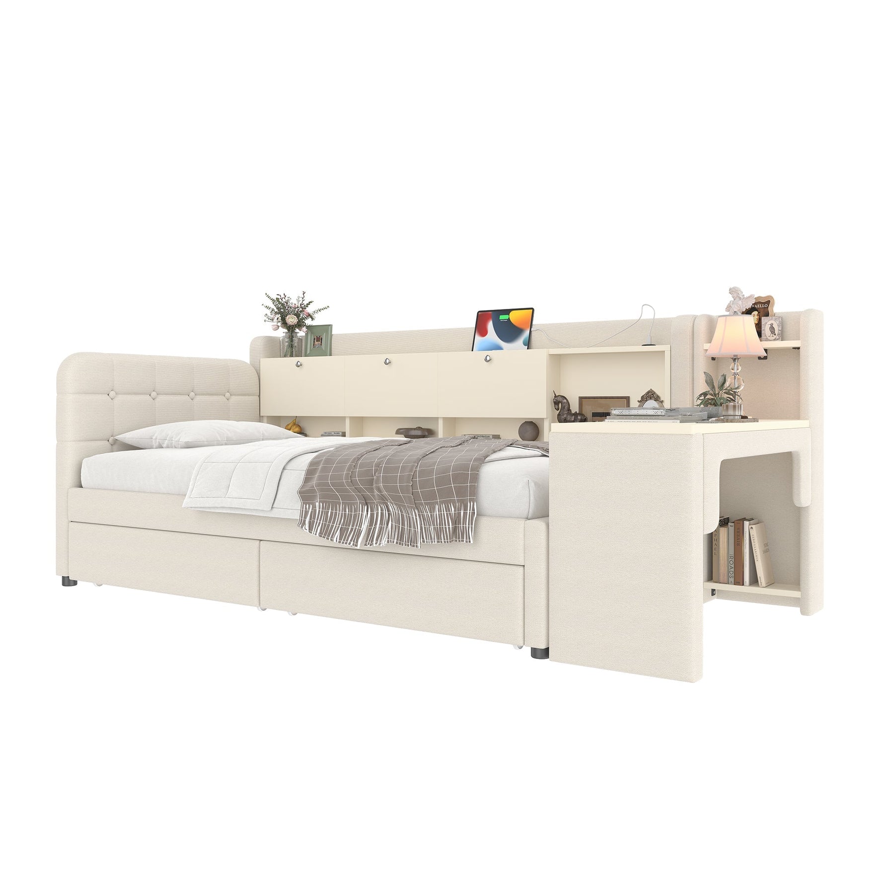 Daybed with Desk and Drawers, USB Ports and Storage, Beige Linen