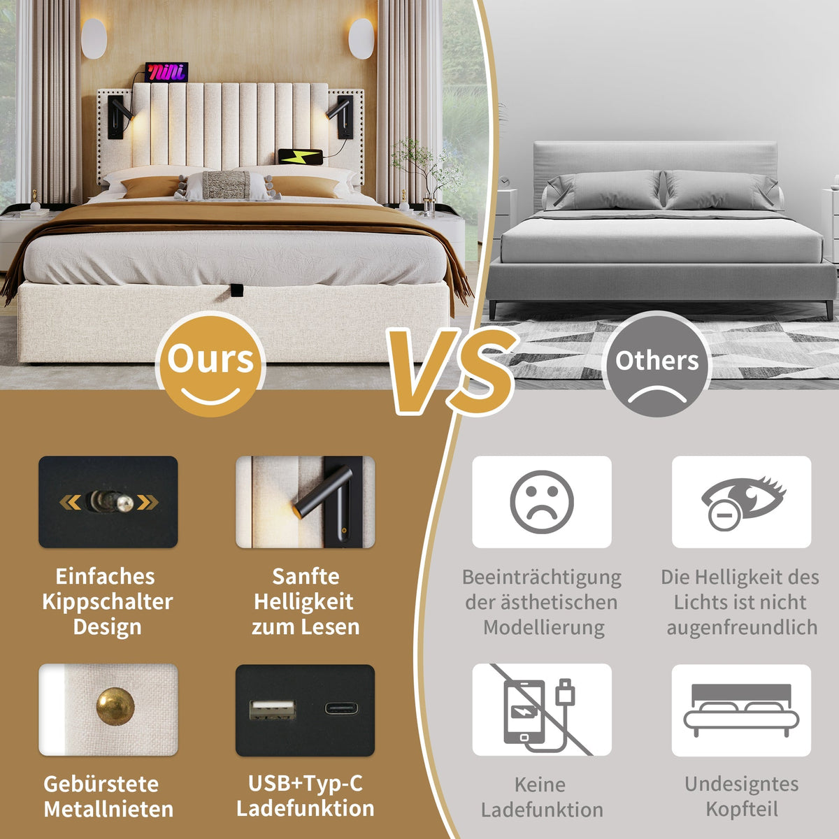 Upholstered Bed 160x200 Double with Storage & Reading Light, Cotton Beige