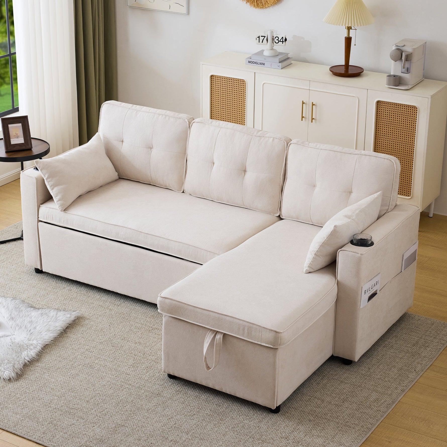 Sofa Bed L-Shaped Sleeping Function Storage Cup Holder Upholstered