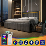 Upholstered Bed, 140x200cm Double with USB-C, LED & 4 Drawers, Gray