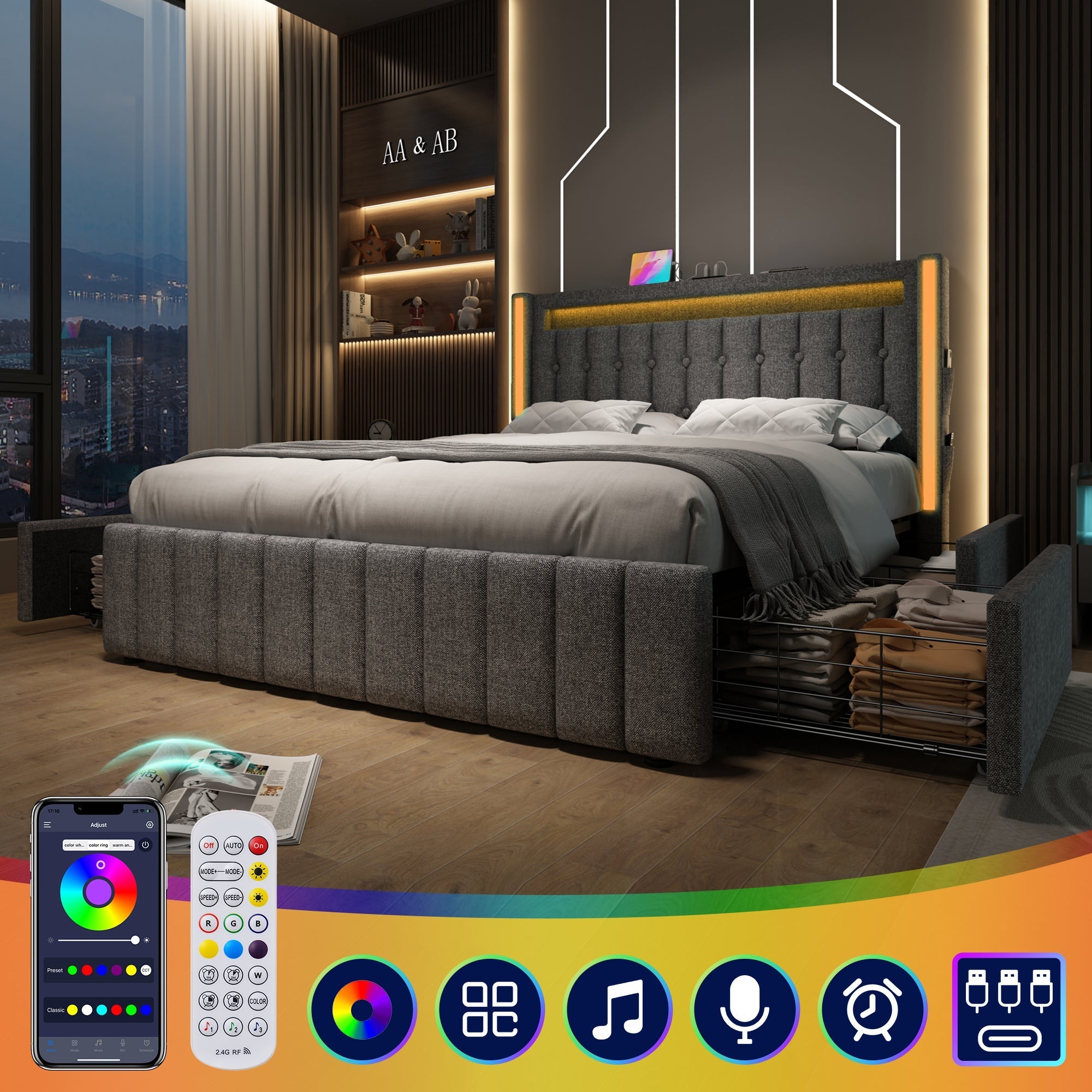 Upholstered Bed with USB Type C, LED & 4 Drawers, 160x200cm, Gray Wood
