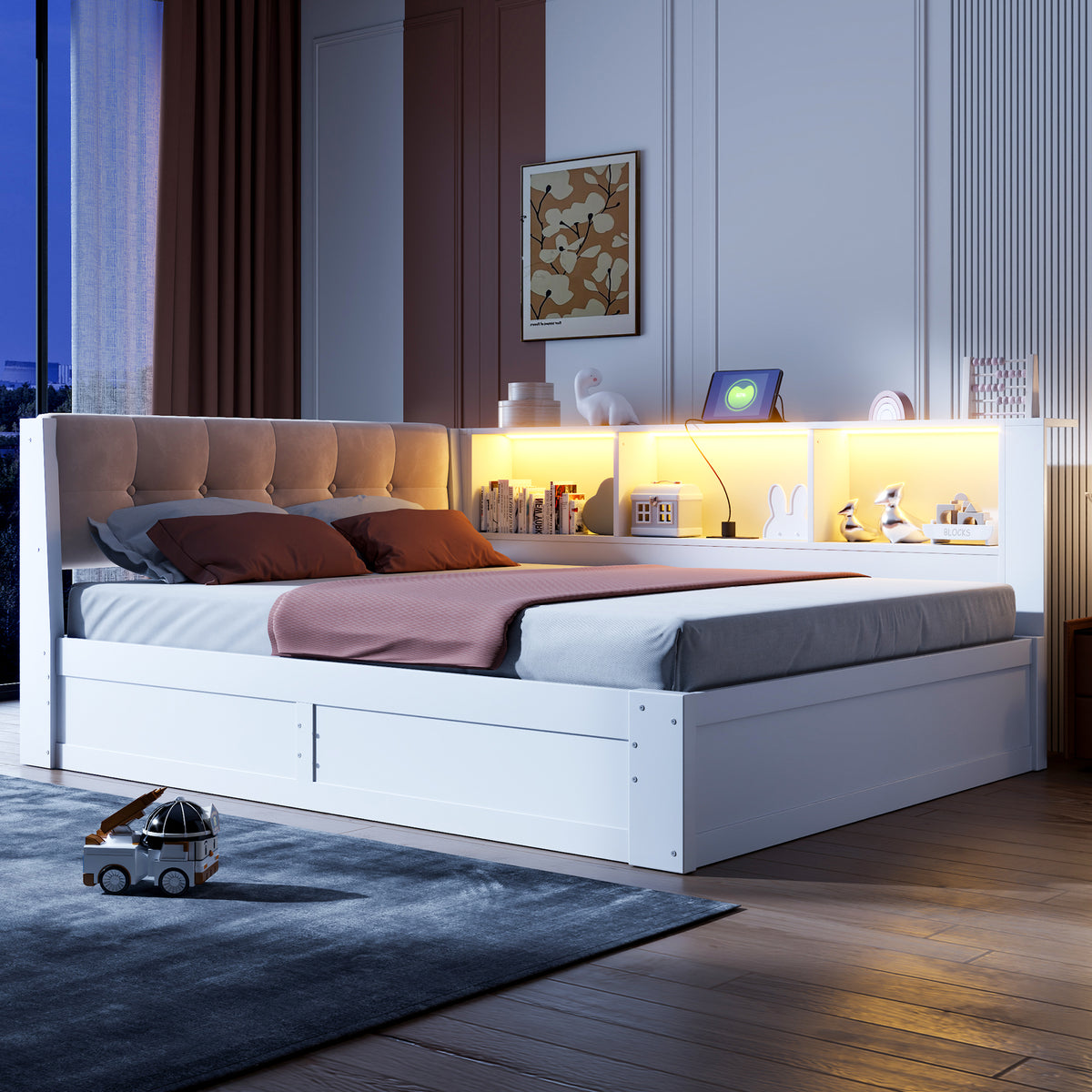 Daybed Frame 140x200cm with LED & Storage, White Pine Wood
