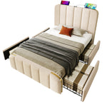 Upholstered Single Bed with USB-C Charging, 4 Drawers, Beige Linen