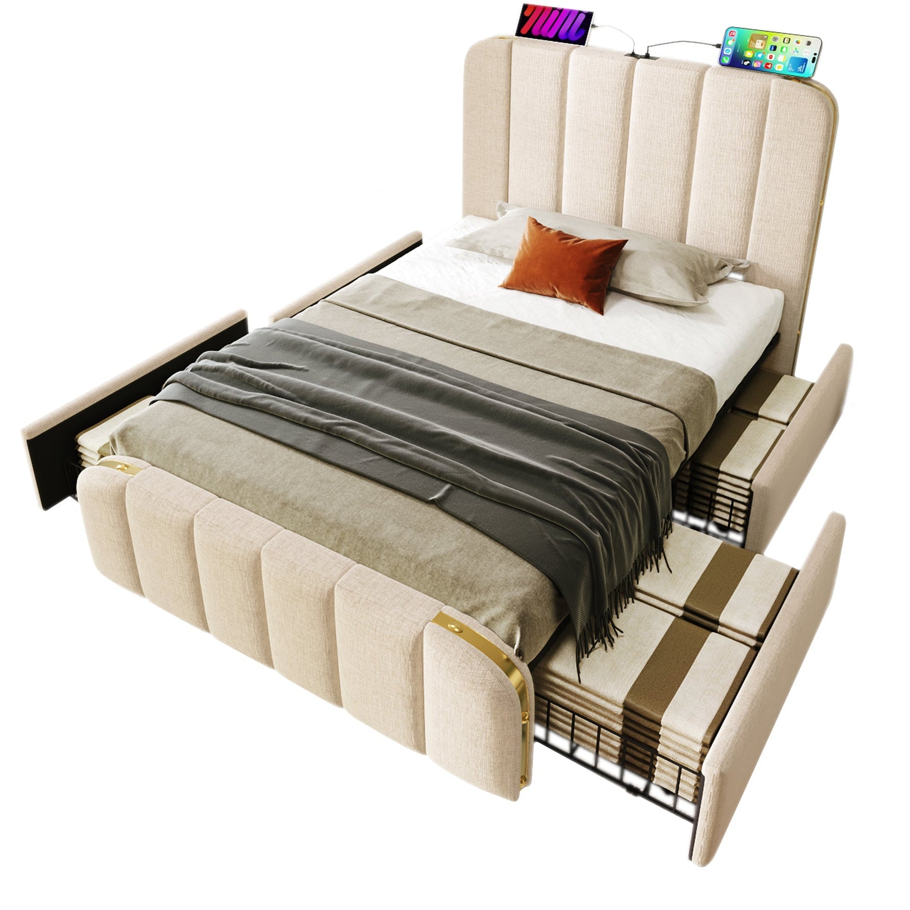 Upholstered Single Bed with USB-C Charging, 4 Drawers, Beige Linen