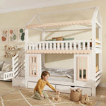 House Bunk Bed 90x200cm with Storage & Drawers, White & Natural