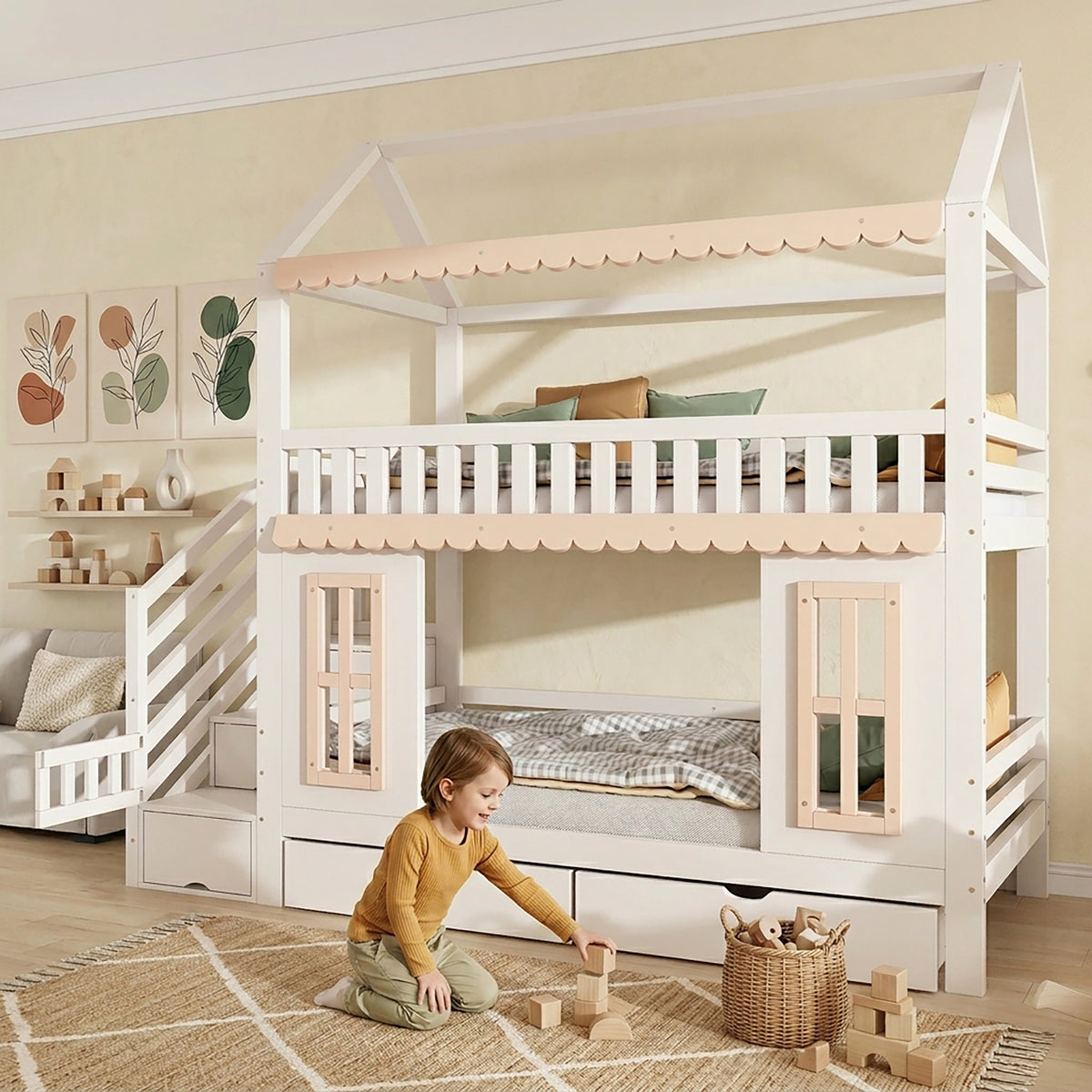 House Bunk Bed 90x200cm with Storage & Drawers, White & Natural