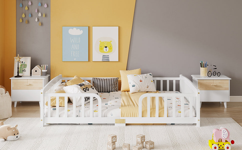Floor Bed 140x200 cm with Safety Railings - Pine Wood, White