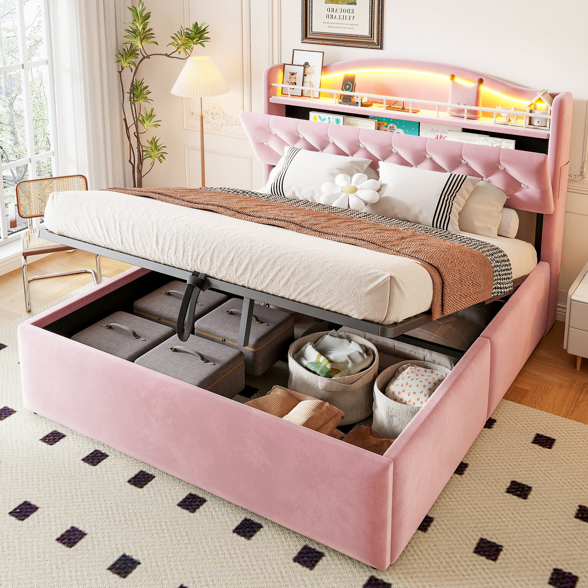 Upholstered Bed 140x200 cm with Storage & LED, Pink Velvet