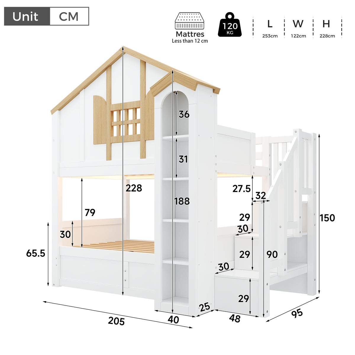 Bunk Bed with Hydraulic Lift & Storage Stairs, Solid Wood White