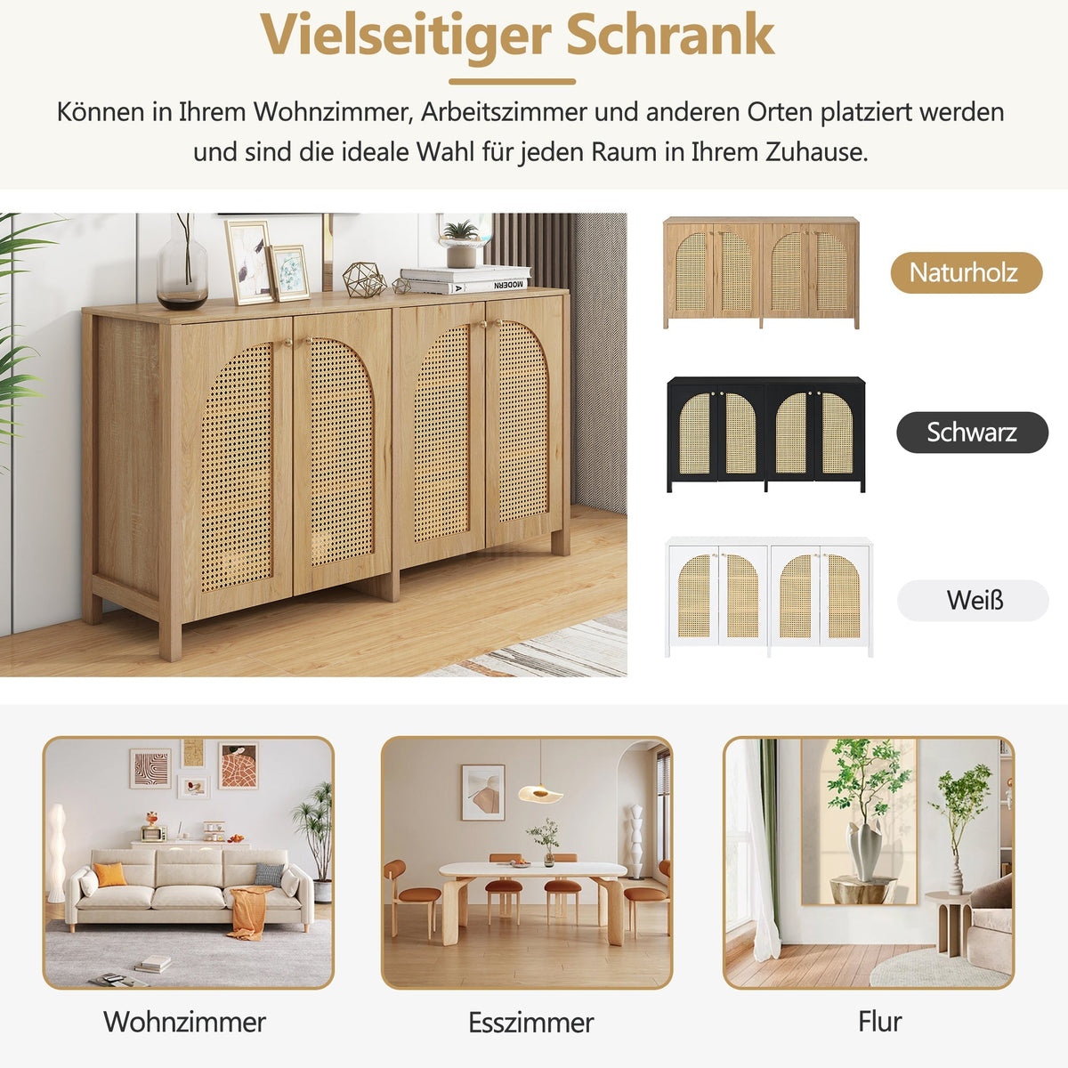 Sideboard, Minimalist with 4 Rattan Doors & Metal Handles, Natural Wood