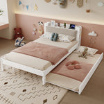 Functional Bed 120x200cm with Pull-Out Bed & Storage, White Wood