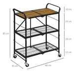 Folding Kitchen Cart, 3 Levels & Handle, Steel, Brown+Black