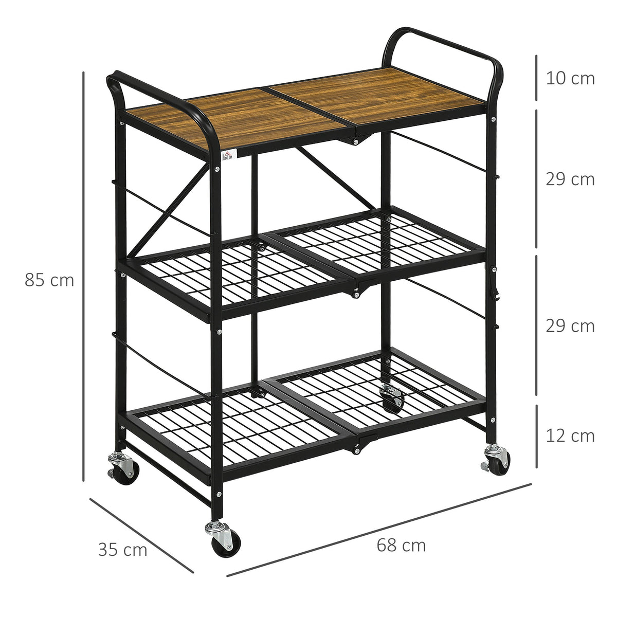 Folding Kitchen Cart, 3 Levels & Handle, Steel, Brown+Black