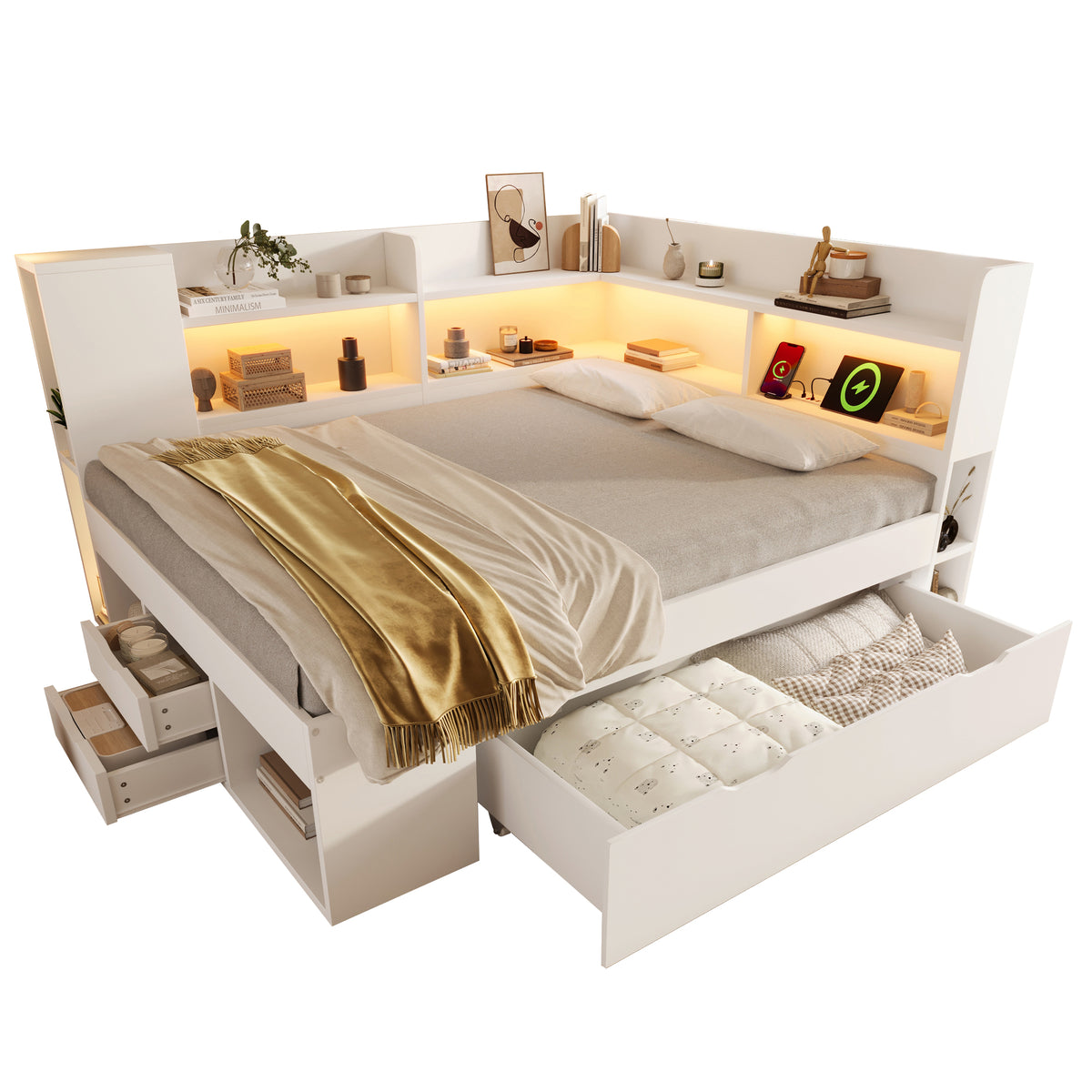 Functional Daybed 140x200cm with LED Light & Storage Drawers, White