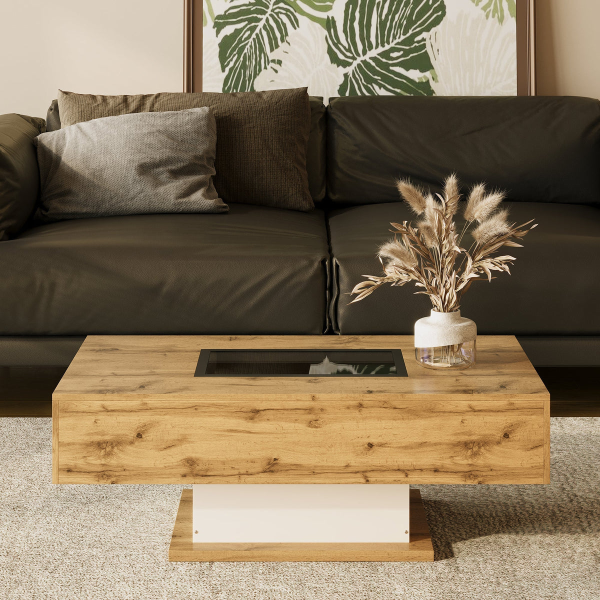 Coffee Table with Color-Changing LED Light, Glass, Two Drawers