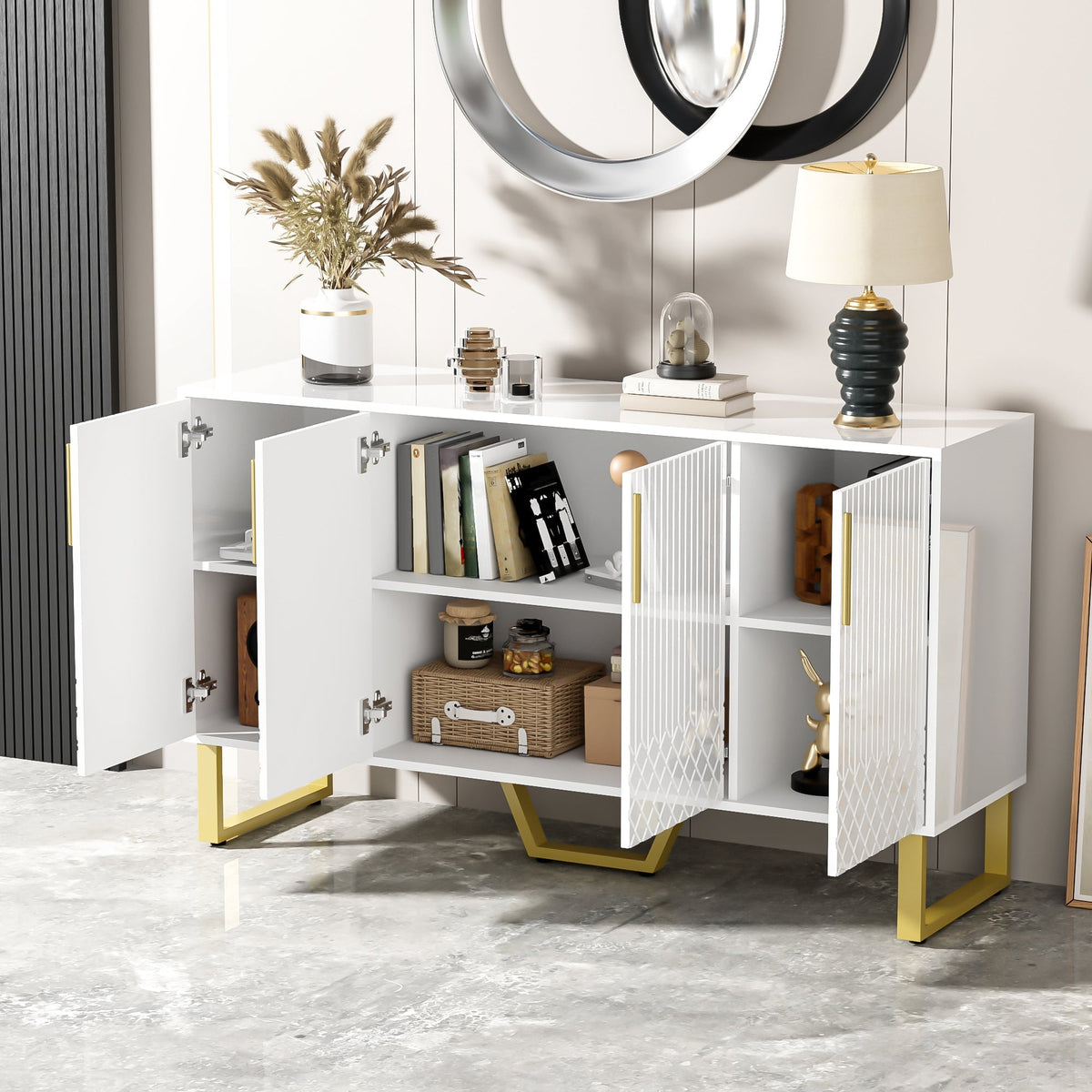 High-gloss Sideboard, 4 Doors, Metal Handles & Legs, White