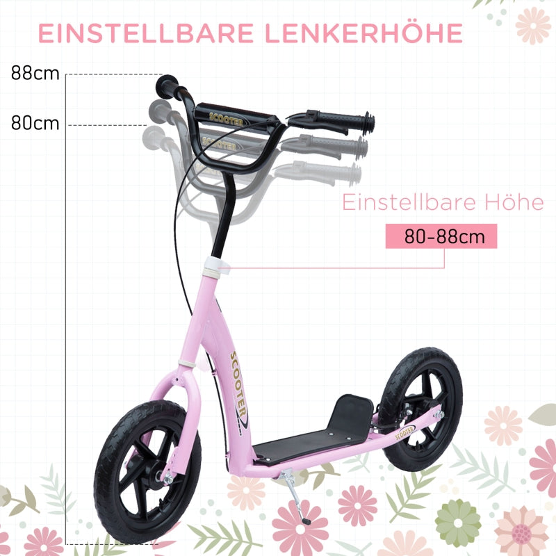 Kids Kick Scooter, 12-inch Wheels, Handbrake & Kickstand, Steel, Pink