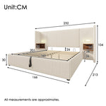Upholstered Bed, 160x200, Storage, Lamp, USB-C, Beige-White Corduroy