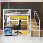 Loft Bed, 140x200 with LED Light Strips & Storage Stairs, Metal White