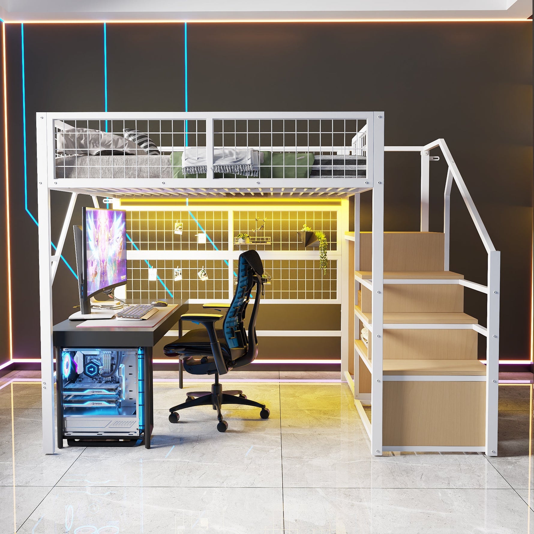 Loft Bed, 140x200 with LED Light Strips & Storage Stairs, Metal White
