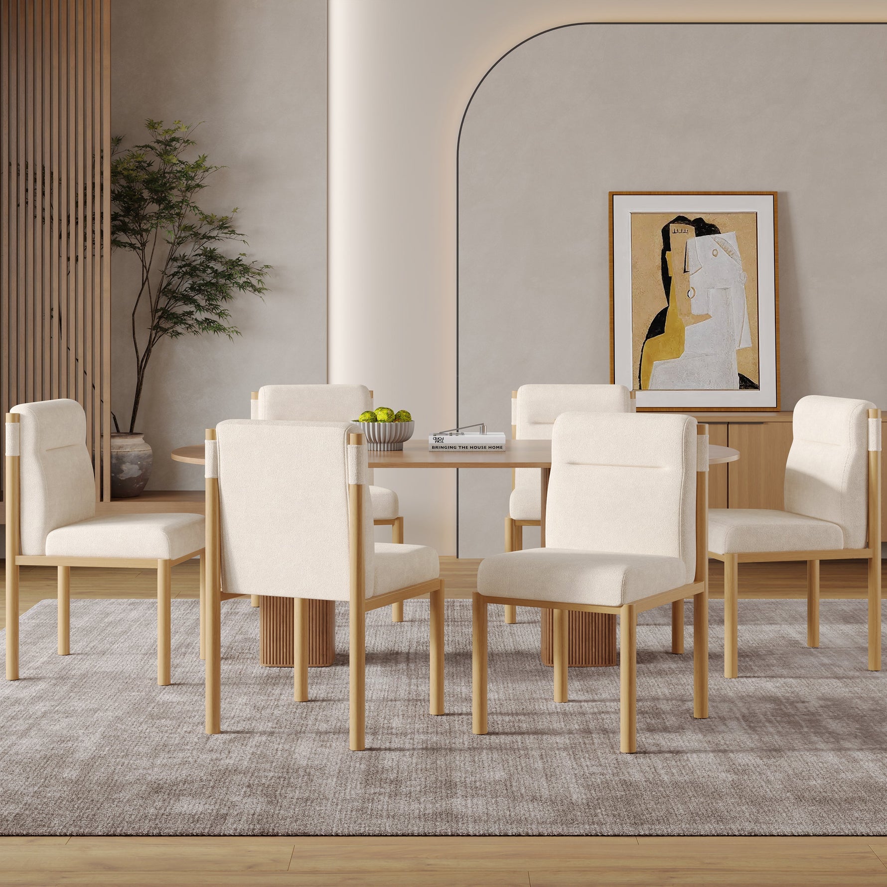 Dining Chairs Set of 4 Oak-Effect Frame Padded Sherpa Beige
