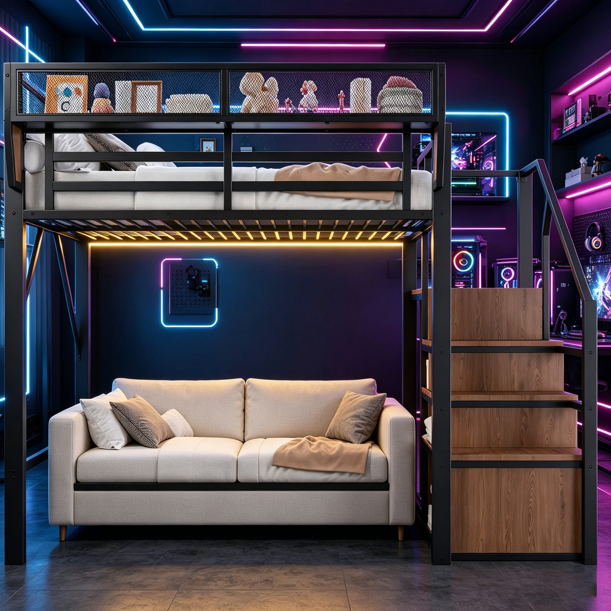 Loft Bed 140x200 with LED Light Strip & Storage, Black