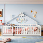Children's Flatbed with House Rail and Locking Railing, 140x190 cm, White Pine Wood